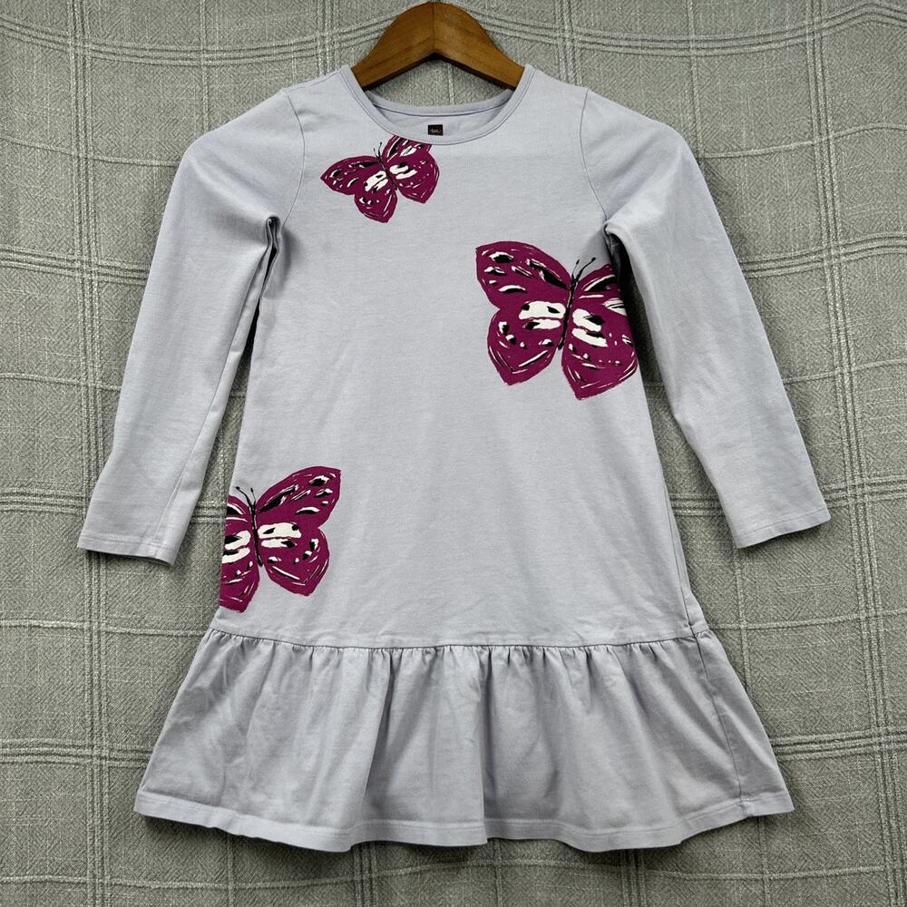 Tea Collection Ruffle Dress Girls Size 7 Lavender Butterfly Graphics 100% Cotton